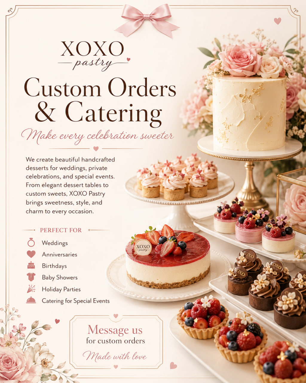 A XOXO Pastry custom celebration dessert spread with floral cake, cupcakes, tartlets and a strawberry cheesecake